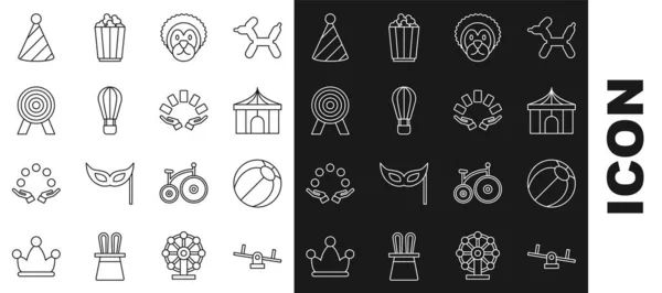 Set line Seesaw, Beach ball, Circus tent, Wild lion, Hot air balloon, Target, Party hat and Hand holding playing cards icon. Vector — Stockvector