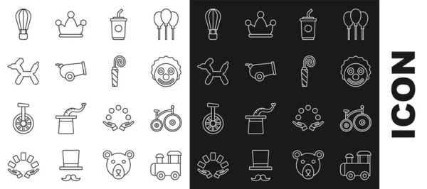 Set line Toy train, Vintage bicycle, Clown head, Paper glass with water, Cannon, Balloon dog, Hot air balloon and Birthday party horn icon. Vector — Vector de stock