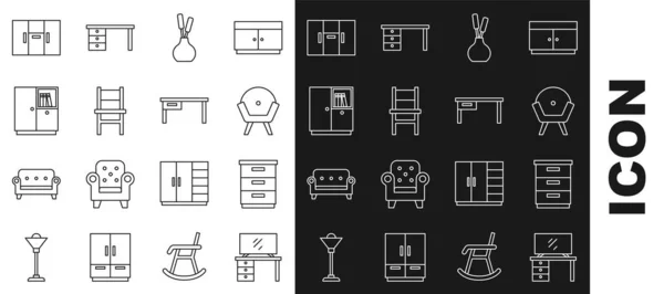 Set line TV table stand, Furniture nightstand, Armchair, Vase, Chair, Wardrobe, and Office desk icon. Vector — ストックベクタ