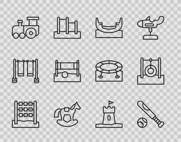 Set line Tic tac toe game, Baseball bat with ball, Boat swing, Horse saddle, Toy train, Volleyball net, Sand tower and Car tire hanging on rope icon. Vector — Image vectorielle