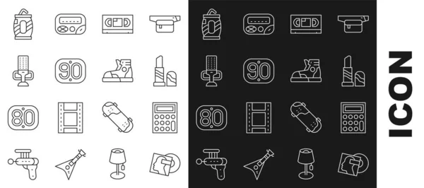 Set line Vinyl disk, Calculator, Lipstick, VHS video cassette tape, 90s Retro, Microphone, Soda can with straw and Sport sneakers icon. Vector — Image vectorielle