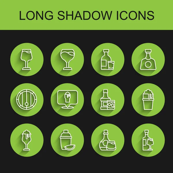 Set line Glass of beer, Cocktail shaker with lime, Wine glass, Whiskey bottle and, Alcohol or bar location, and icon. Vector — 图库矢量图片