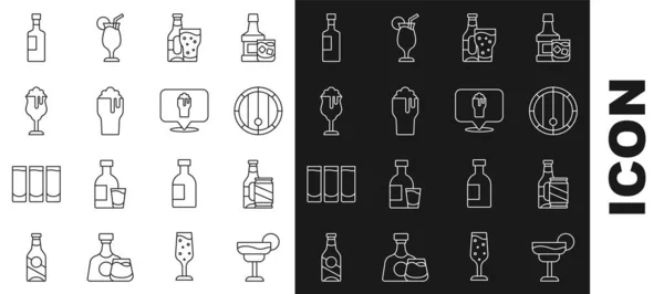 Set line Cocktail, Beer bottle and beer can, Wooden barrel, glass, Glass of, Wine and Alcohol or location icon. Vector — Stock Vector