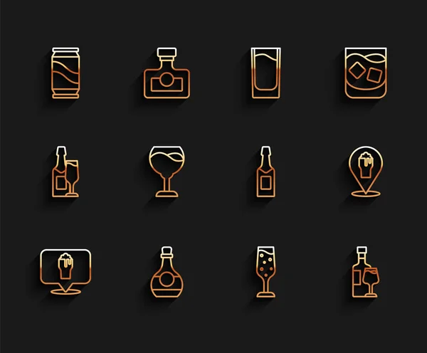 Set line Alcohol or beer bar location, Bottle of cognac brandy, Beer can, Glass champagne, Wine bottle with glass, and Champagne icon. Vector — Image vectorielle