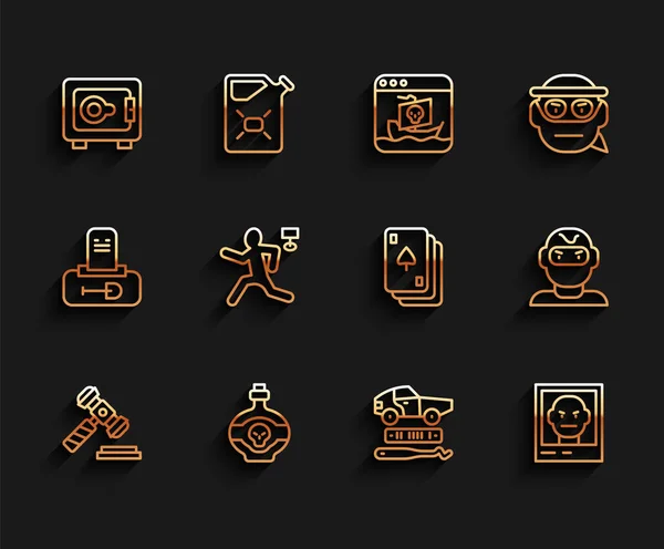 Set line Judge gavel, Poison in bottle, Safe, Car theft, Wanted poster, Murder, Thief mask and Playing cards icon. Vector — стоковый вектор