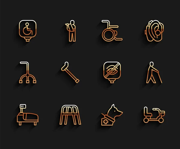 Set line Hospital bed, Walker, Disabled wheelchair, Guide dog, Electric, Walking stick cane, Blind human holding and Blindness icon. Vector — Vettoriale Stock