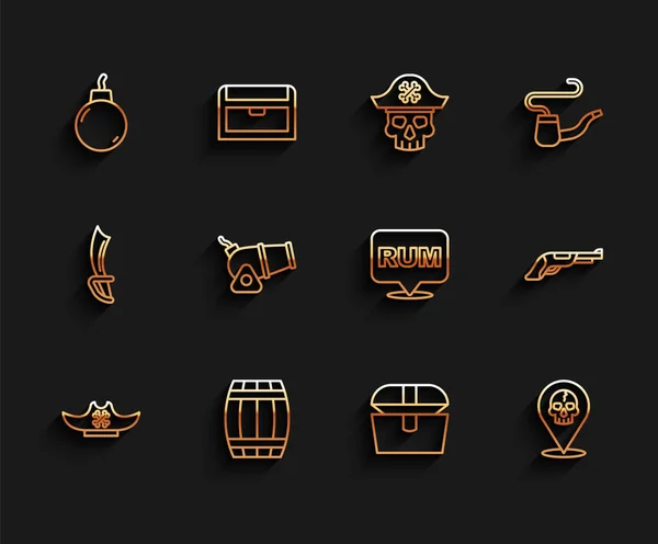 Set line Pirate hat, Wooden barrel, Bomb ready to explode, Antique treasure chest, Location pirate, Cannon, Vintage pistol and Alcohol drink Rum icon. Vector — Stockový vektor