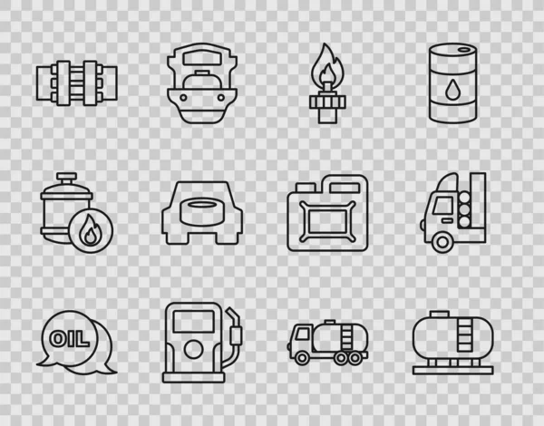 Set line Word oil, Oil tank storage, rig with fire, Petrol gas station, Metallic pipes and valve, Spare wheel in the car, Tanker truck and Gas for vehicle icon. Vector — Διανυσματικό Αρχείο