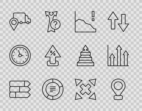 Set line Pie chart infographic, Location, Financial growth decrease, Delivery tracking, Percent up arrow, Many ways directional and icon. Vector - Stok Vektor