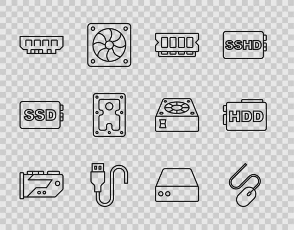 Set line Video graphic card, Computer mouse, RAM, random access memory, USB cable cord, Hard disk drive HDD, Server, Data, Web Hosting and icon. Vector — Wektor stockowy