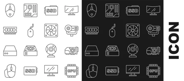 Set line Processor with CPU, Video graphic card, Web camera, SSD, Computer mouse, RAM, random access memory, and cooler icon. Vector — Stockový vektor