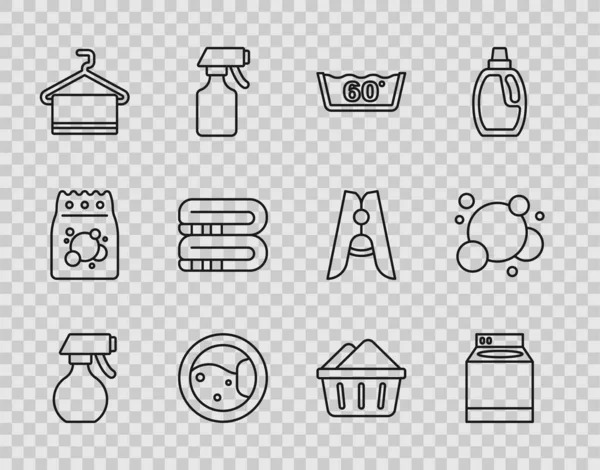 Set line Water spray bottle, Washer, Temperature wash, Towel on hanger, stack, Basin with soap suds and Soap water bubbles icon. Vector — Stockvektor