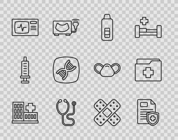 Set line Hospital building, Patient record, Digital thermometer, Stethoscope, Monitor with cardiogram, DNA symbol, Crossed bandage plaster and icon. Vector — Stockvector