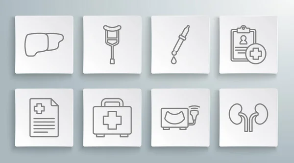 Set line Patient record, Crutch crutches, First aid kit, Ultrasound, Human kidneys, Pipette, and organ liver icon. Vector — Archivo Imágenes Vectoriales
