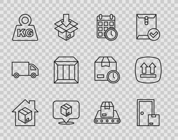 Set line Home delivery services, Cardboard box with calendar, Location cardboard, Weight, Carton, Conveyor belt and This side up icon. Vector — ストックベクタ