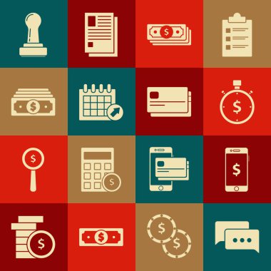 Set Speech bubble chat, Smartphone with dollar symbol, Time is money, Stacks paper cash, Calendar, Stamp and Credit card icon. Vector
