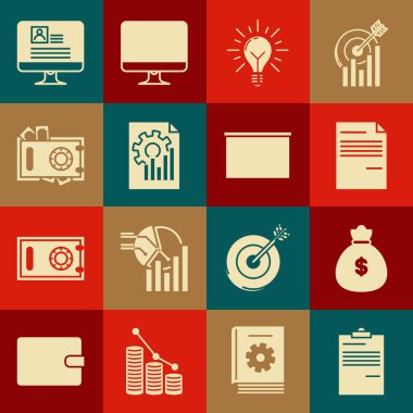 Set Document, Money bag, Light bulb with rays shine and concept of idea, graph chart, Safe money, Computer monitor resume and Chalkboard icon. Vector