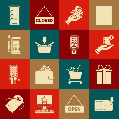 Set Credit card, credit, Shopping basket, Pos terminal inserted, Online shopping on mobile phone and POS printed reciept confirms the by smartphone icon. Vector