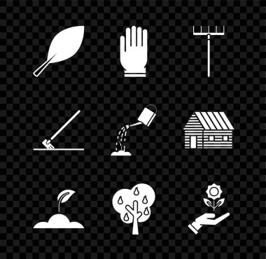 Set Leaf, Garden gloves, rake, Sprout, Tree with pears, Hand holding flower, work and Watering can water icon. Vector