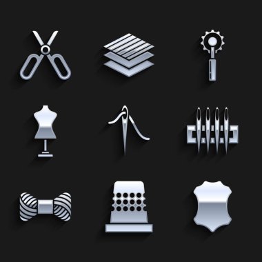 Set Needle for sewing with thread, Thimble, Leather, Sewing on spool, Mannequin, Cutter tool and Scissors icon. Vector