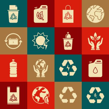 Set Recycle symbol and leaf, Canister for gasoline, Plant hand of environmental protection, Plastic bag with recycle, Solar energy panel, Battery, bin and icon. Vector