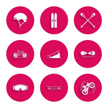 Set Skateboard on street ramp, Bicycle trick, Ski goggles, Crossed paddle and Helmet icon. Vector