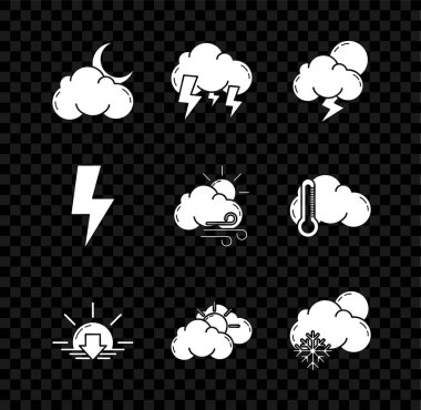 Set Cloud with moon and stars, Storm, Sunset, cloud weather, snow sun, Lightning bolt and Windy icon. Vector