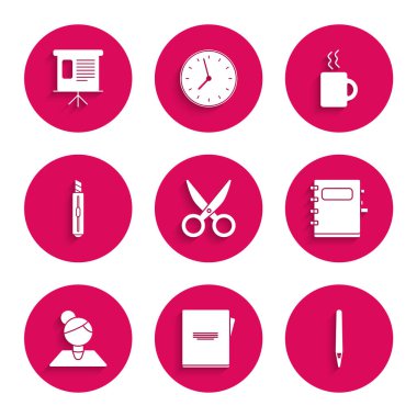 Set Scissors, Notebook, Pen, Teacher, Stationery knife, Coffee cup and Presentation financial board with graph, schedule, chart, diagram, infographic, pie graph icon. Vector