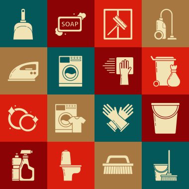 Set Mop and bucket, Bucket, Trash can, Squeegee, scraper, wiper, Washer, Electric iron, Dustpan and Cleaning service icon. Vector