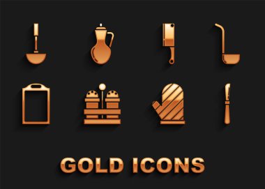 Set Salt and pepper, Kitchen ladle, Knife, Oven glove, Cutting board, Meat chopper, and Bottle of olive oil icon. Vector