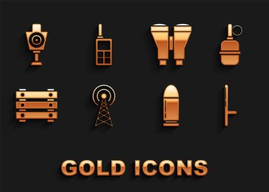 Set Radar, Hand grenade, Police rubber baton, Bullet, Military ammunition box, Binoculars, Human target sport for shooting and Walkie talkie icon. Vector