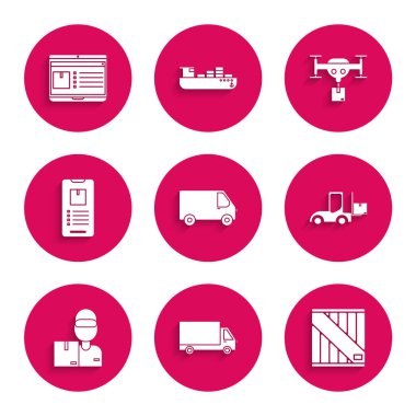 Set Delivery cargo truck vehicle, Wooden box, Forklift, man with cardboard boxes, Mobile phone app delivery tracking, drone the package and Laptop icon. Vector