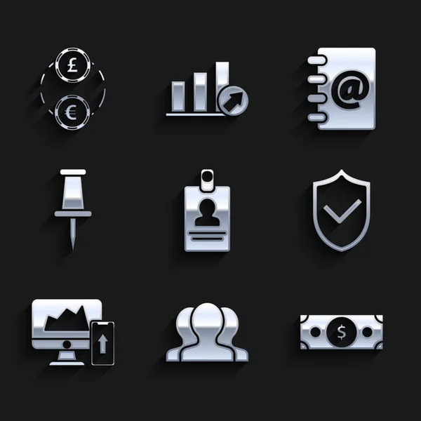 Set Identification badge, Stacks paper money cash, Shield with check mark, Financial chart or graph the computer monitor and mobile phone, Push pin, Address book and Money exchange icon. Vector — Διανυσματικό Αρχείο