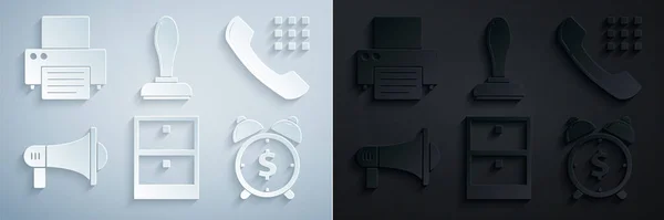 Set Archive papers drawer, Telephone handset, Megaphone, Alarm clock with dollar symbol, Stamp and Printer icon. Vector — Vetor de Stock
