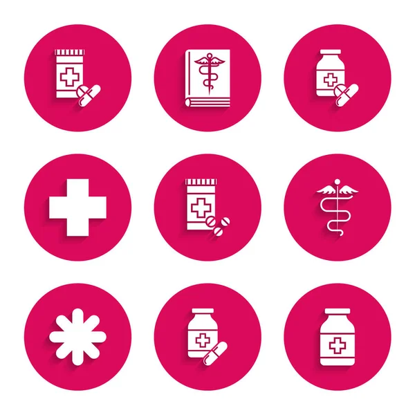 Set Medicine bottle and pills, Caduceus snake medical symbol, Cross hospital, and icon. Vector — Vetor de Stock