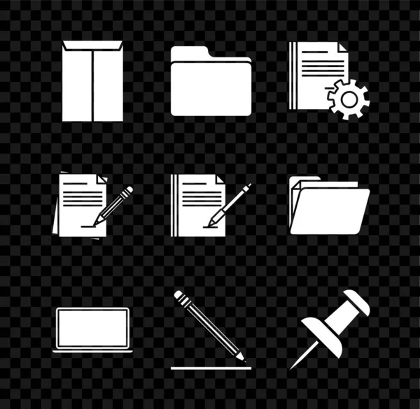 Set Envelope, Document folder, settings with gears, Laptop, Pencil eraser and line, Push pin, Blank notebook pencil and icon. Vector — Stok Vektör