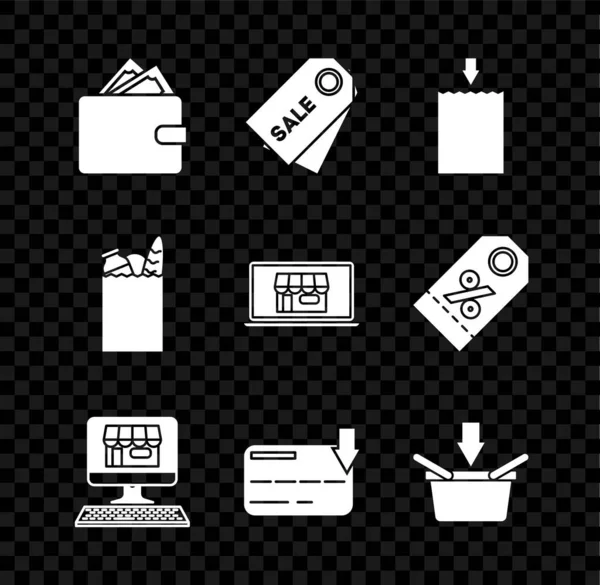 Set Wallet with stacks paper money cash, Price tag an inscription Sale, Paper shopping bag, Shopping building screen computer, Credit card, basket, and food and laptop icon. Vector — ストックベクタ