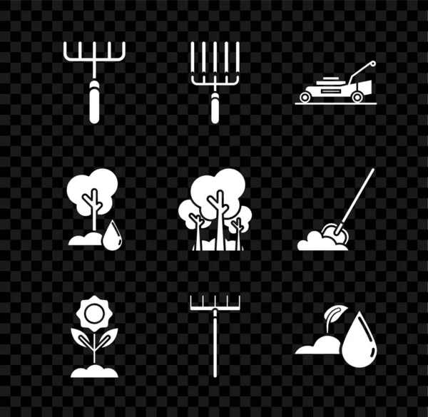 Set Garden rake, in work, Lawn mower, Flower, Watering sprout, Tree and Trees icon. Vector — Stockvektor