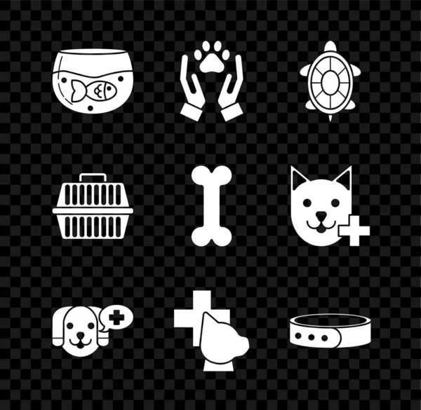 Set Aquarium with fish, Hands animals footprint, Turtle, Veterinary clinic symbol, Collar name tag, Pet carry case and Dog bone icon. Vector — Image vectorielle