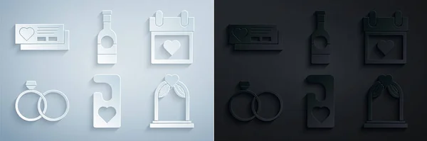 Set Please do not disturb with heart, Calendar, Wedding rings, arch, Champagne bottle and Ticket icon. Vector — Stockvektor
