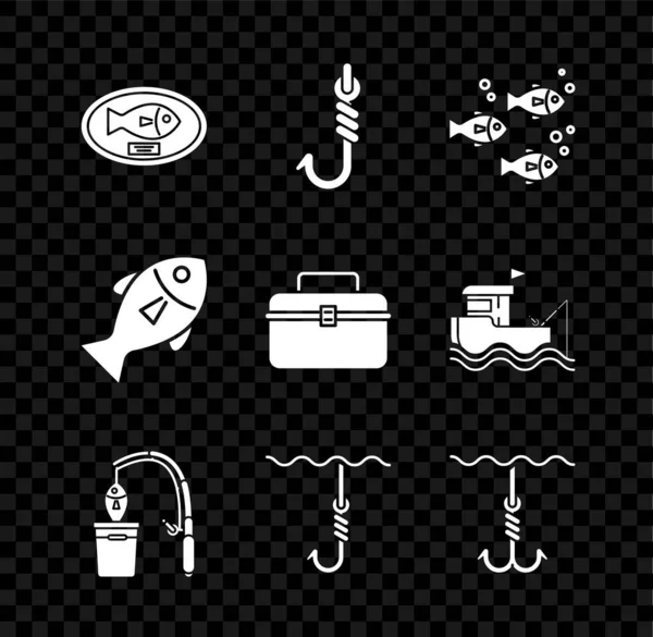 Set Fish trophy hanging on the board, Fishing hook, rod and fish, under water, and Case or box container for wobbler gear fishing equipment icon. Vector — Stockvektor