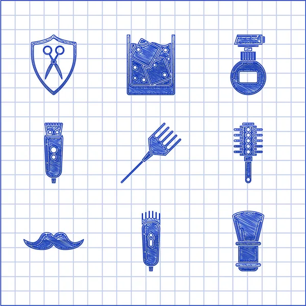 Set Hairbrush, Electrical hair clipper or shaver, Shaving, Mustache, Cream lotion cosmetic tube and Scissors hairdresser and shield icon. Vector — Vetor de Stock