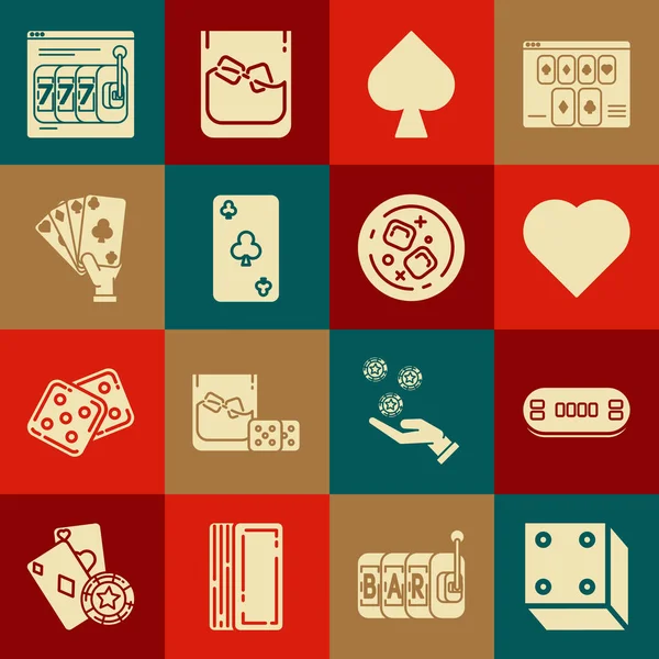 Set Game dice, Poker table, Playing card with heart symbol, spades, clubs, Hand holding playing cards, Online slot machine lucky sevens jackpot and Glass of whiskey cubes icon. Vector — стоковый вектор