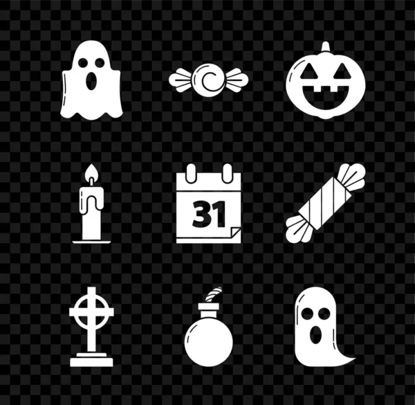 Set Ghost, Candy, Pumpkin, Tombstone with cross, Bomb ready explode, Burning candle and Calendar Halloween date 31 october icon. Vector — Vettoriale Stock