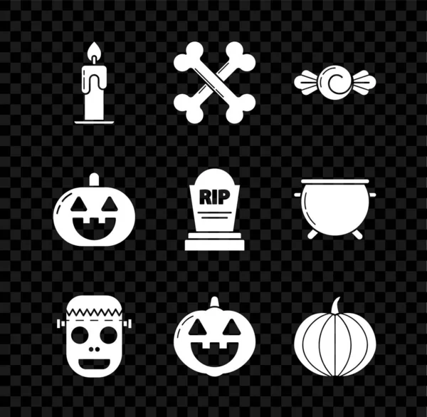 Set Burning candle, Crossed bones, Candy, Zombie mask, Pumpkin, and Tombstone with RIP icon. Vector — Stockový vektor