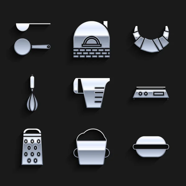 Set Measuring cup, Bakery bowl dough, Macaron cookie, Electronic scales, Grater, Kitchen whisk, Croissant and spoon icon. Vector — Stock vektor