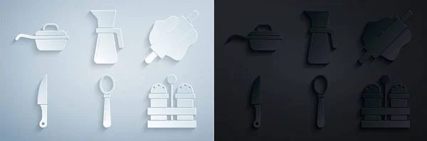 Set Spoon, Rolling pin, Knife, Salt and pepper, Measuring cup and Frying pan icon. Vector — Vettoriale Stock