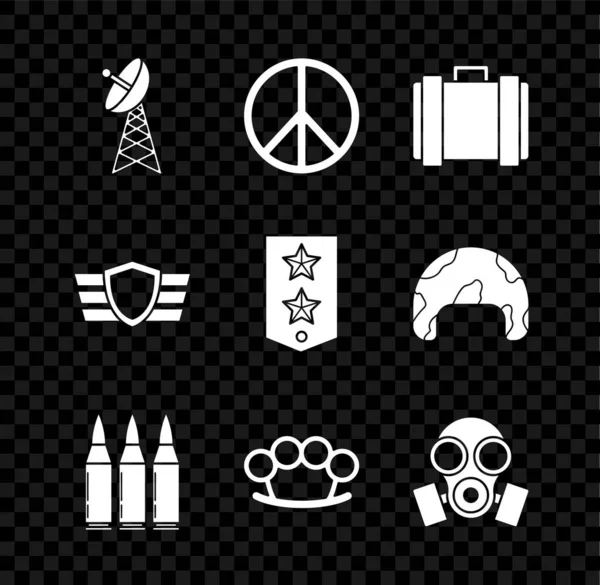 Set Radar, Peace, Military ammunition box, Bullet, Brass knuckles, Gas mask, reward medal and Chevron icon. Vector — Stockvector