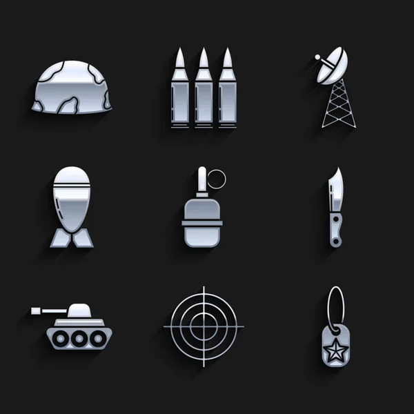 Set Hand grenade, Target sport for shooting competition, Military dog tag, knife, tank, Aviation bomb, Radar and helmet icon. Vector — Vettoriale Stock