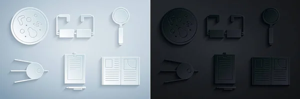 Set Clipboard with document, Magnifying glass, Satellite, Open book, Glasses and Bacteria icon. Vector — Stockvektor